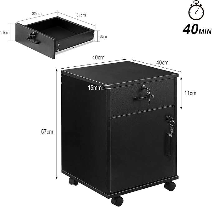 File Cabinet with Lock and Drawer, Mobile Under Desk Storage Cabinet with 360° - Image 3