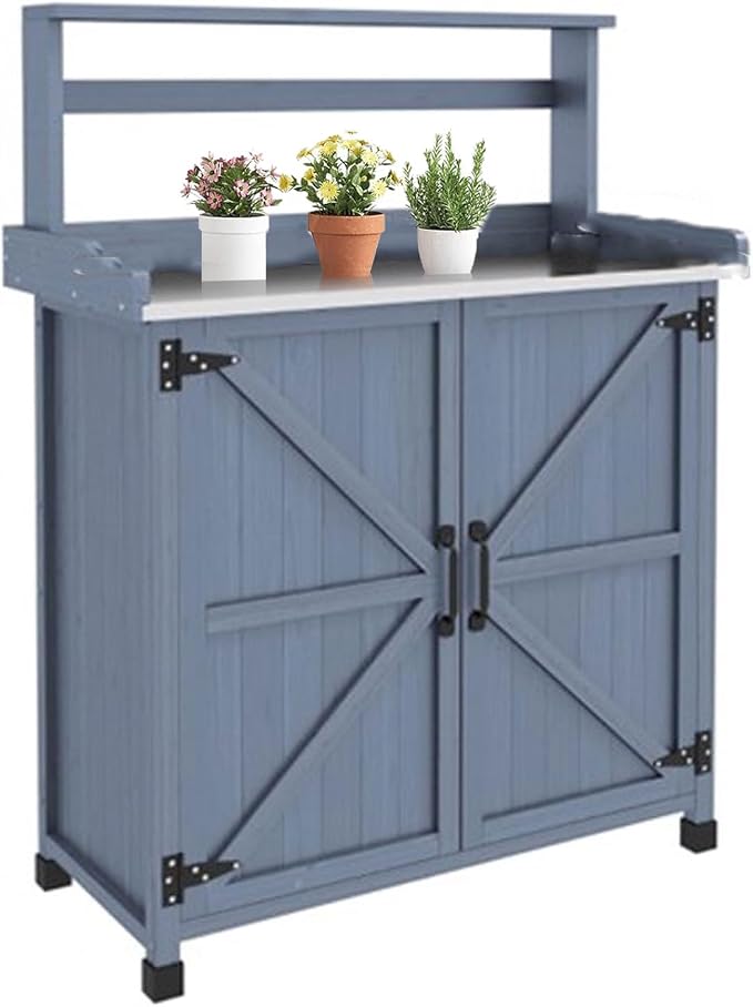 Outdoor Potting Bench with Storage Cabinet and Metal-Plated Tabletop, Top by Unknown