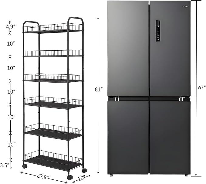 6-Tier Slim Storage Cart with Wheels, 10in Wide Black Narrow Rolling Shelf - Image 2
