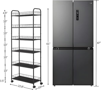 6-Tier Slim Storage Cart with Wheels, 10in Wide Black Narrow Rolling Shelf - Image 2