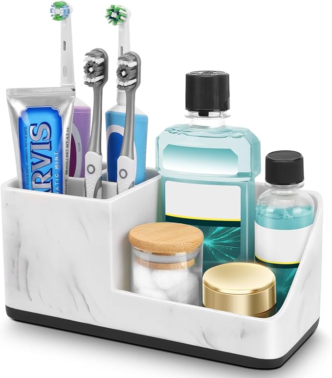 Marble Bathroom Counter Organizer, Kids Electric Toothbrush and Toothpaste by PARKMANI