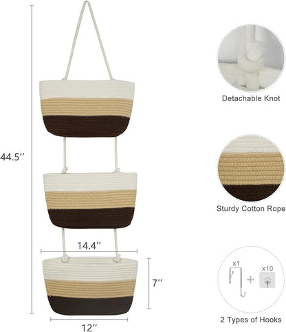 TeoKJ Over the Door Hanging Basket, 3-Tier Woven Cotton Wall-Mounted Storage - Image 5