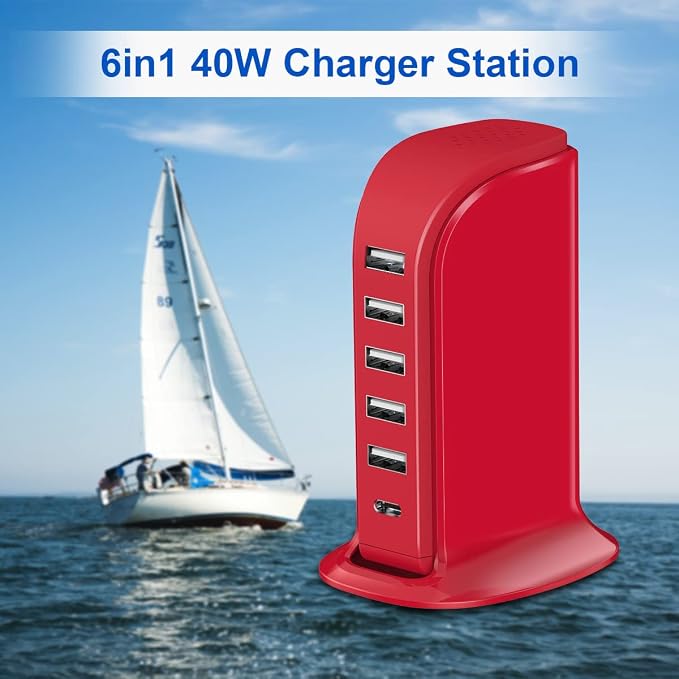 USB Phone Charger 6 Ports 40W Upoy, Type C Wall Charger Smart 6A, Charging Tower - Image 3