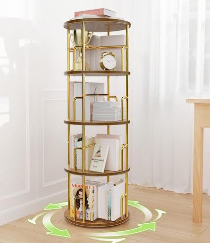 4 Tier Rotating Bookshelf Tower Round Gold, 50” Floor Standing Spinning by Amzeth