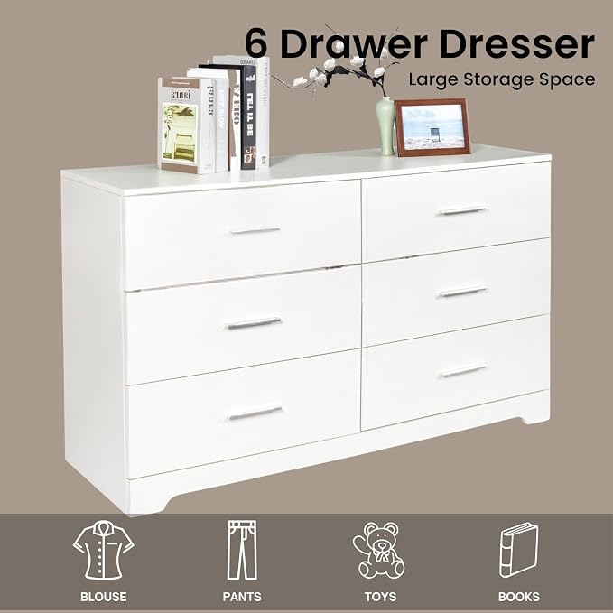 Karl home 6 Drawer Dresser, Wood White Vanity Drawer Cabinet, Bedroom Storage - Image 5