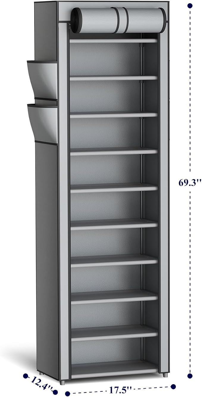 Kitsure 10-Tier Shoe Rack with Cover, Vertical Shelf, 17.5" Wide, Shoe Organizer - Image 2