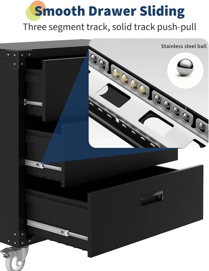 Metal Storage Cabinet with 3 Drawers on Wheels, Heavy Duty Mobile Rolling Tool - Image 3