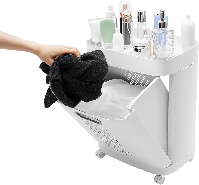 2-Tier Laundry Basket, 3 Basket Shelf Movable Household Bathroom Rolling Cart - Image 3
