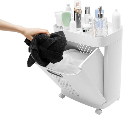 2-Tier Laundry Basket, 3 Basket Shelf Movable Household Bathroom Rolling Cart - Image 3