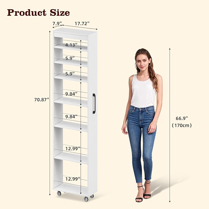 70" Tall Wooden Slim Storage Cart, 7 Tier Kitchen Rolling Cart - Image 2
