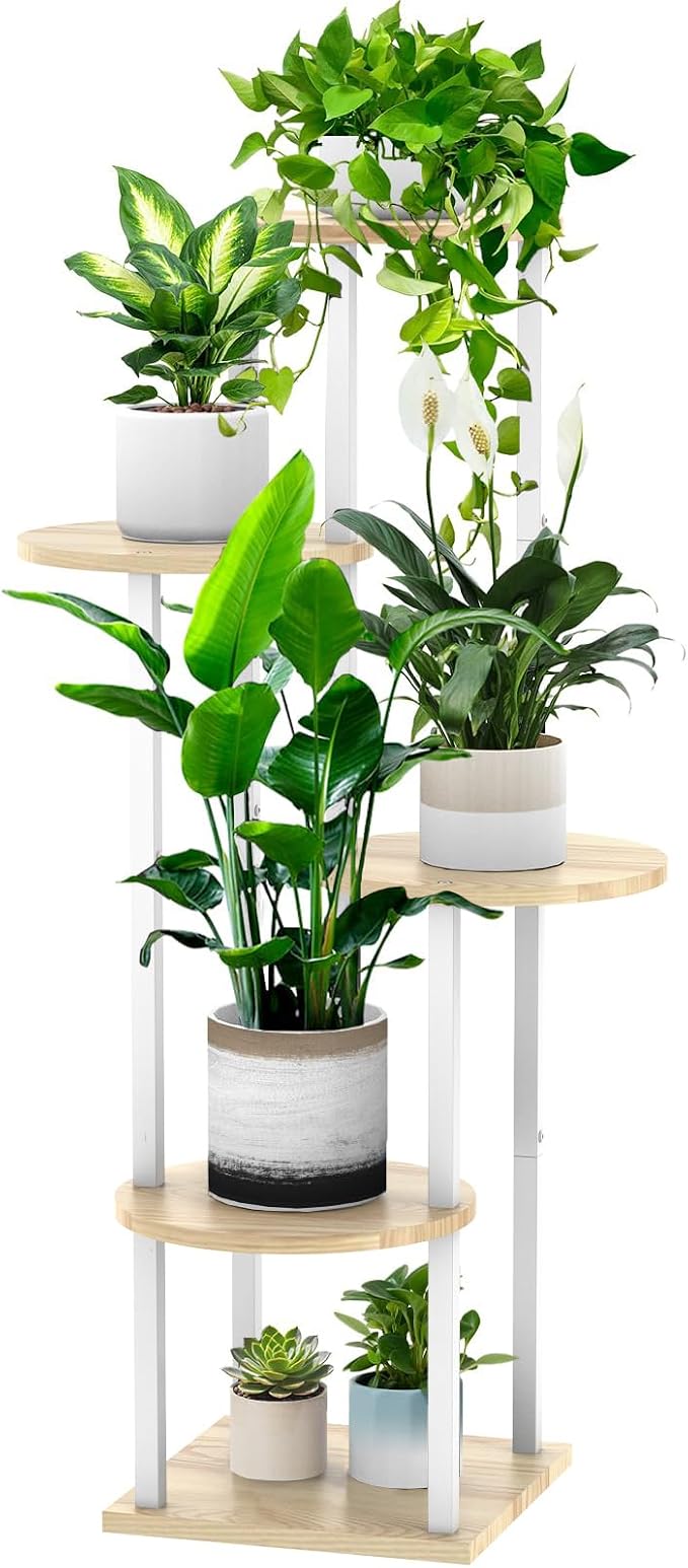 5 Tier Wood Tall Plant Stand Metal Rack Indoor, Round Planter Shelf Display by YOCOMEY