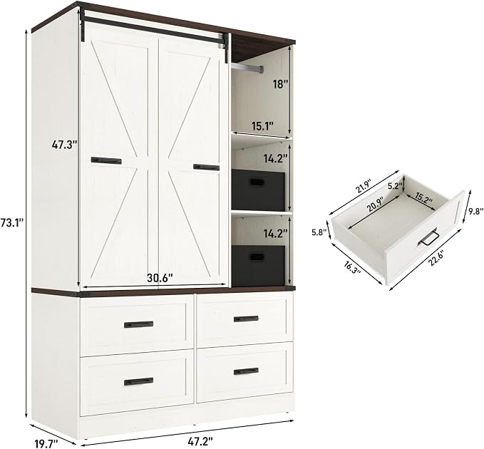 Farmhouse 3 Doors Armoire Wardrobe Closet w/Folding Sliding Barn Door and Lights - Image 2