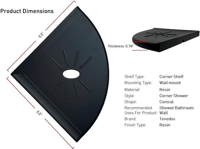 Tenedos Resin Decor 8 Inches Corner Shower Shelf – Black Flatback 9x9 Wall - Image 2