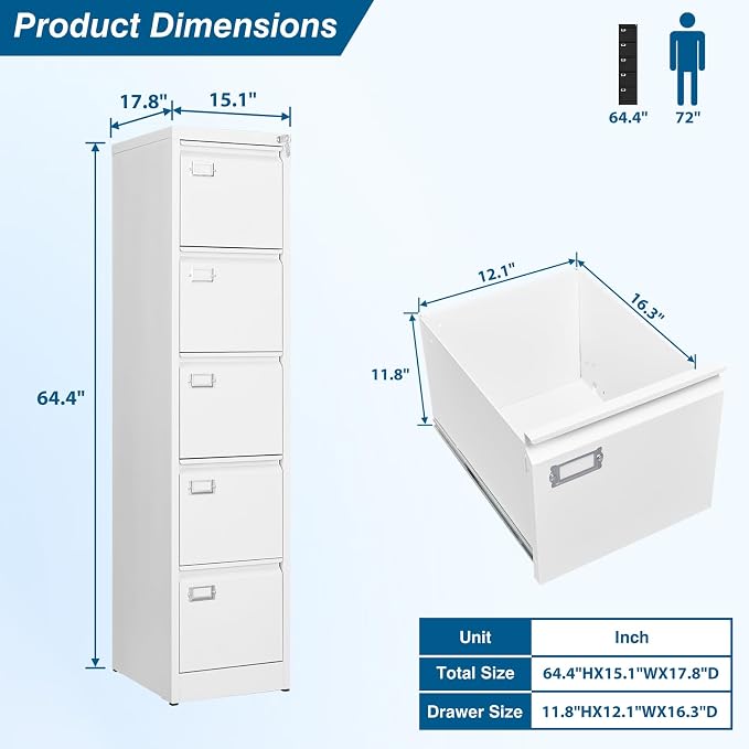 5-Drawer File Cabinet, 16.3" Deep Vertical Metal Filing Cabinet - Image 3