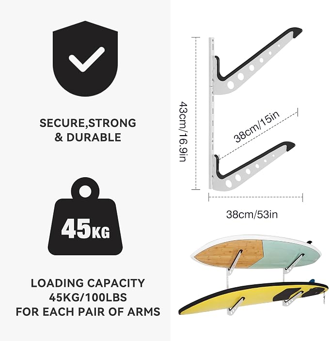 2 Board Surf Rack Wall Mount for Surfboard, Snowboard Storage Adjustable Wall - Image 2