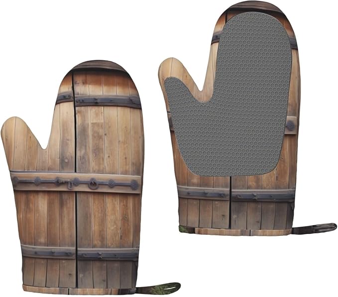 Rustic Antique Wooden Door Print Oven Mitts Set of 2, Heat Resistant Silicone by Unknown