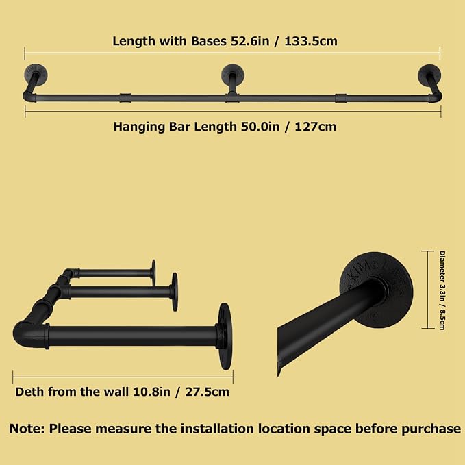 Wall Mounted Clothes Rack 52.6in, Industrial Pipe Clothing Racks Wall Mount - Image 3