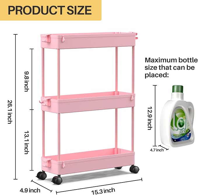 SPACEKEEPER Slim Rolling Storage Cart, 3 Tier Bathroom Organizer Utility Cart - Image 6