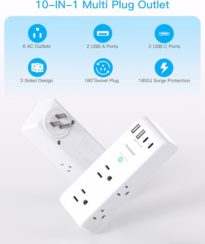 PD 20W Surge Protector Outlet Extender, Rotating Plug, One Beat 6 AC Multi Plug - Image 3