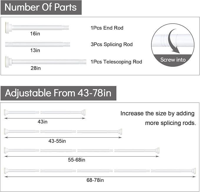 Thestoa White Shower Curtain Rod Adjustable 43-78 inch, Anti-Rust Non-Slip - Image 5