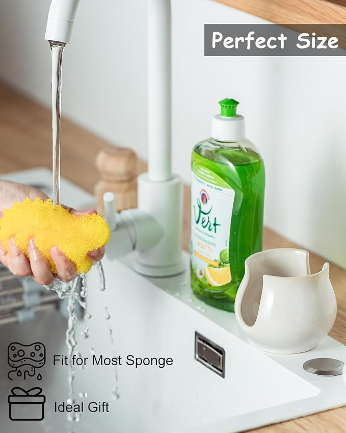 Sponge Holder for Kitchen Sink Counter, Ceramic Dish Sponge Caddy White Sink - Image 6