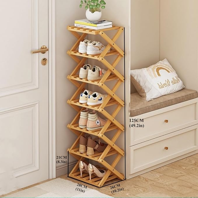 7 Tier Foldable Shoe Rack, Bamboo Vertical Shoe Organizer Tall - Image 2