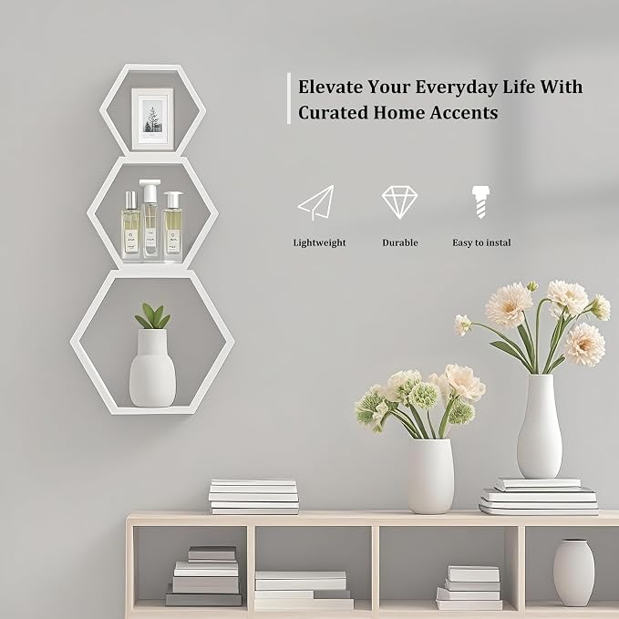 ZGZD Set of 3 White Wooden Hexagon Wall Shelves - Image 5