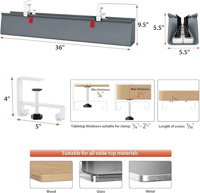 Univivi No Drill Under Desk Cable Management Tray, Clamp/Screw Mount Desk Cable - Image 4
