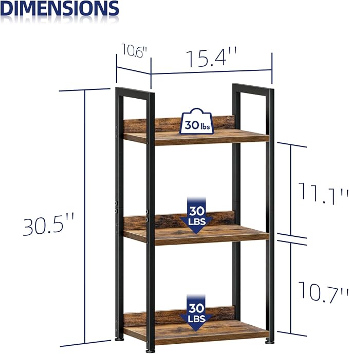 NUMENN Narrow Bookshelf, 3 Tier Freestanding Shelving Unit, Vintage | Small - Image 3