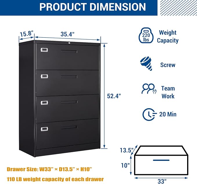 Lateral File Cabinet with Lock, 4 Drawer Large Metal Filing Cabinet, Home - Image 3