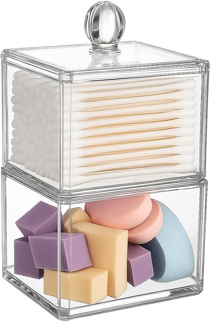 Stackable Square Acrylic Cotton Ball Holder Q-tip Holder Bathroom Swab Dispenser - Image 2