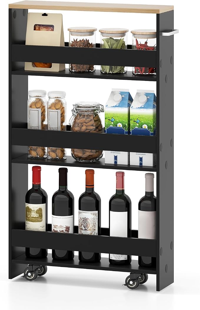Small Kitchen Cart, 4-Tier Slim Rolling Island w/Handle, Laundry Room Storage by IFANNY