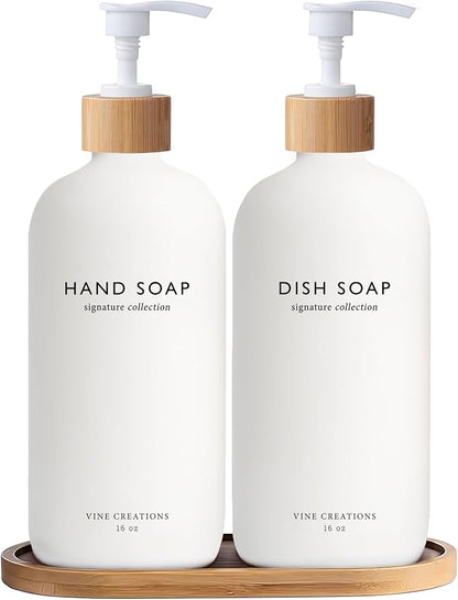 Vine Creations White Glass Soap Dispenser Set, Hand Soap and Dish Soap by VineCreations