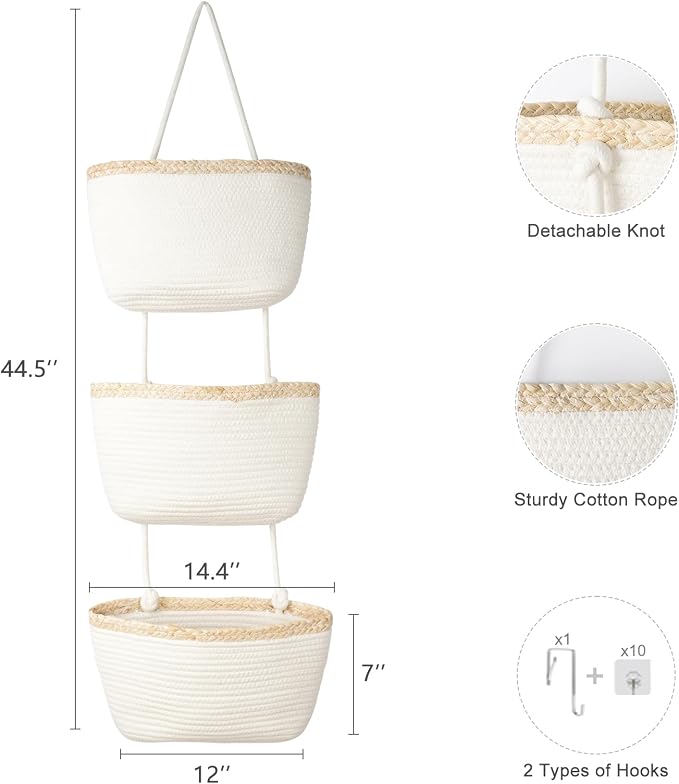 TeoKJ Over the Door Hanging Basket, 3-Tier Woven Cotton Wall-Mounted Storage - Image 2