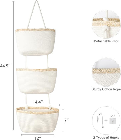 TeoKJ Over the Door Hanging Basket, 3-Tier Woven Cotton Wall-Mounted Storage - Image 2
