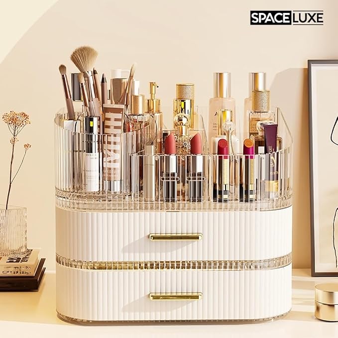 Makeup Organizer with Drawers and 360° Rotating Brush Holder, Large Capacity - Image 2