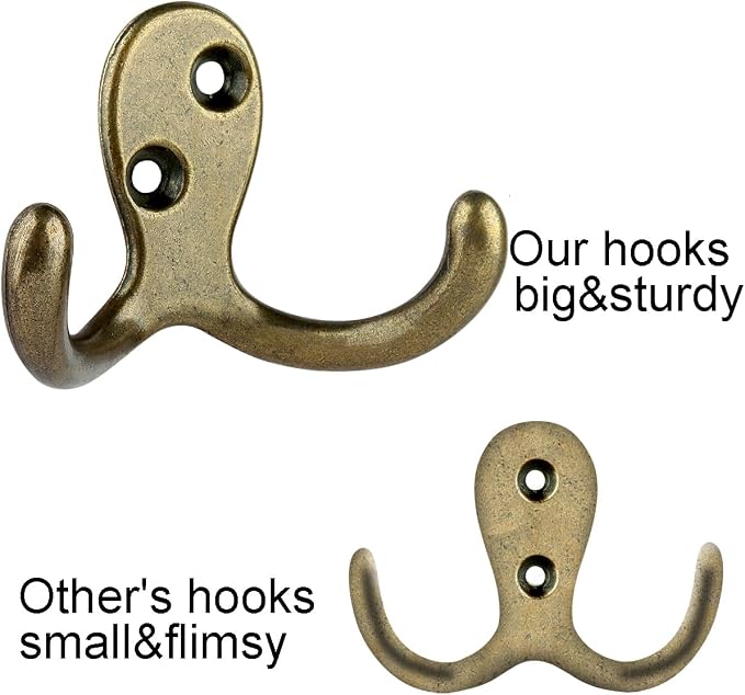 IBosins 16 Pack Heavy Duty Double Prong Coat Hooks Wall Mounted Antique Brass - Image 3