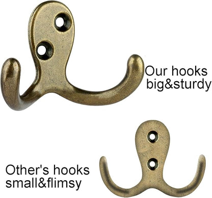 IBosins 16 Pack Heavy Duty Double Prong Coat Hooks Wall Mounted Antique Brass - Image 3