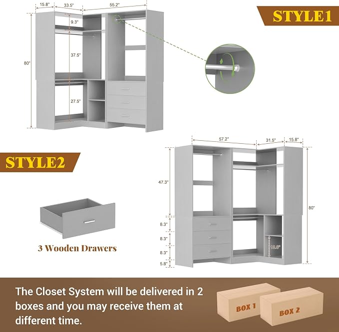 Aheaplus Closet System with 3 Drawers, 2 Hanging Rods & Corner Tower, Corner - Image 7