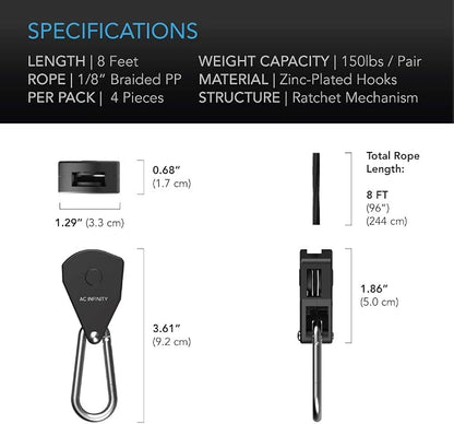 AC Infinity, Adjustable 1/8” Rope Hanger, Heavy-Duty Stainless Steel Gears - Image 4