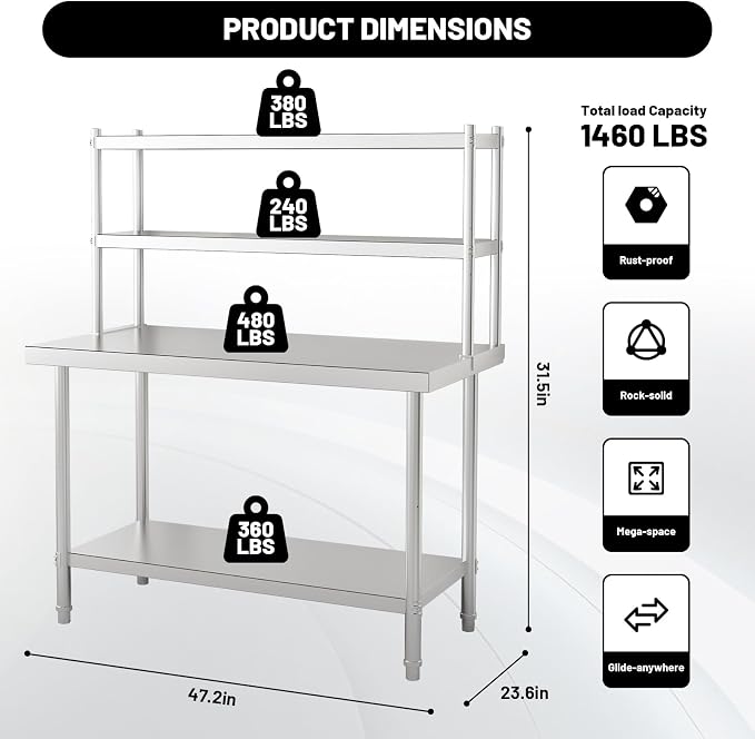 2-Tier Stainless Steel Commercial Work Table 47.2" W x 23.6" D x 31.5" H - Image 3
