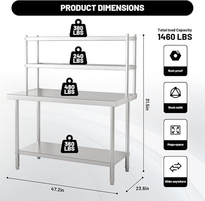 2-Tier Stainless Steel Commercial Work Table 47.2" W x 23.6" D x 31.5" H - Image 3