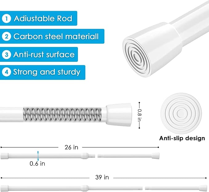 MEXAU 2Pack Spring Tension Curtain Rod 26-39 inch White Small Tension Rod | - Image 5