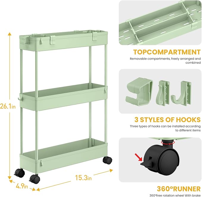 SPACELEAD Slim Storage Cart 3 Tier, Bathroom Organizer Rolling Utility - Image 3