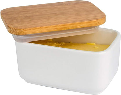 Porcelain Butter Dish with Lid, Ceramic Butter Dish with Bamboo Lip, Butter by Arswin