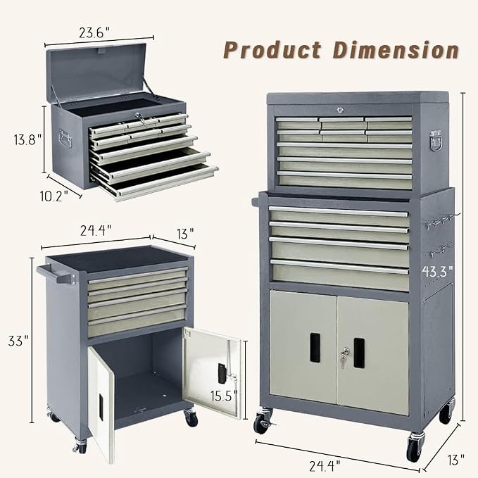 13-Drawer Double Doors Handle Rolling Tool Chest, 2 in 1 Detachable Rolling - Image 3