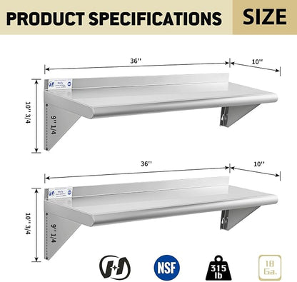 Hally Stainless Steel Shelf Wall Mounted Metal Shelf Wall Shelf 10 x 36 NSF - Image 3