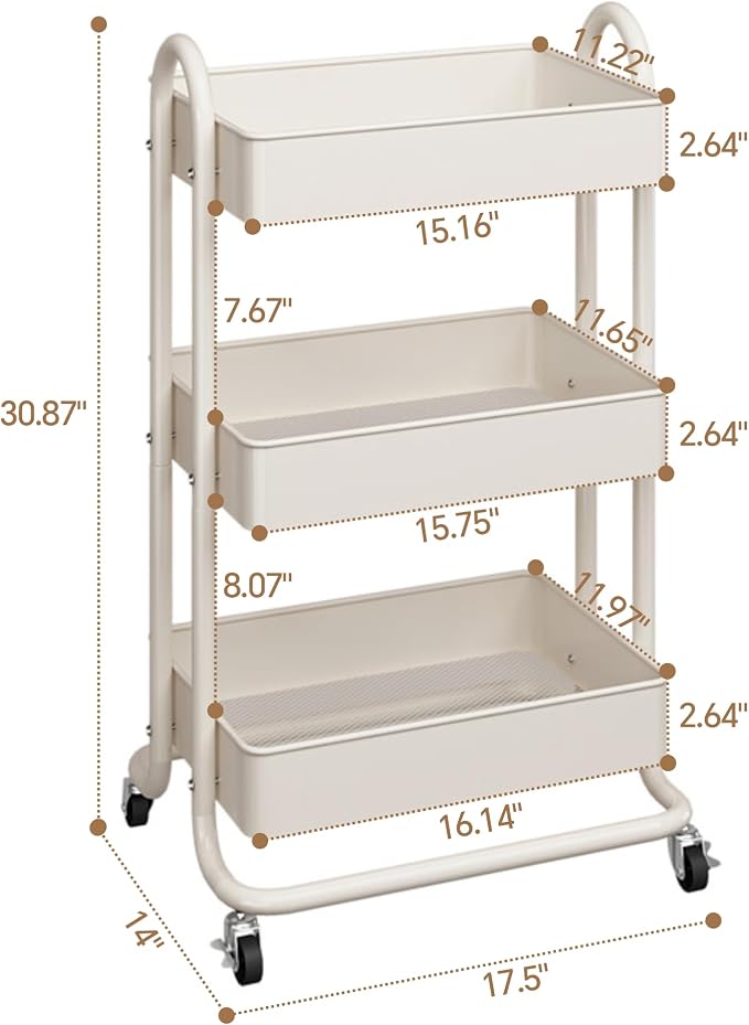 MIOCASA 3-Tier Metal Utility Rolling Cart, Heavy Duty Multifunction Cart - Image 2
