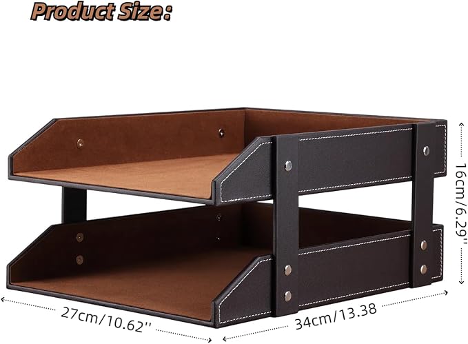 KINGFOM Letter Tray, Leather Paper Organizer Tray, Wooden Desk File Holder - Image 2
