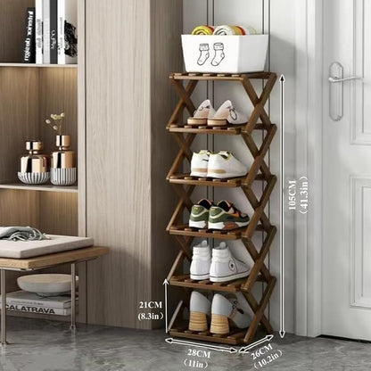 6 Tier Foldable Shoe Rack, Bamboo Vertical Shoe Organizer Tall - Image 2